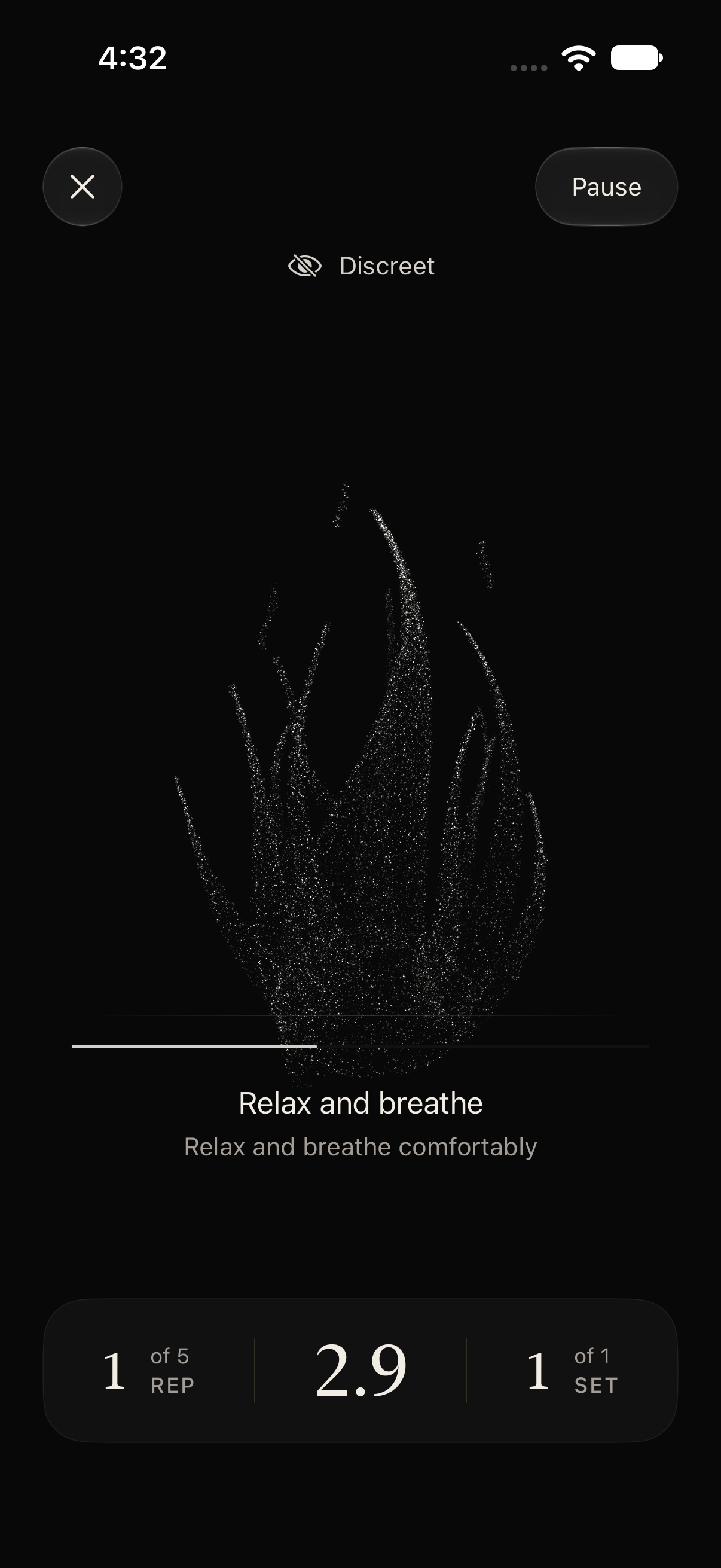 Orrum during a guided session, with luminous particles forming a detailed flame and a clearly visible pause control